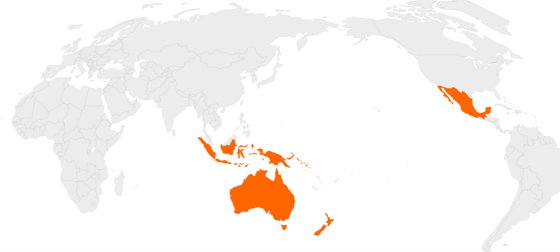 World map highlighting Deep Drill Indonesia project experience in Indonesia, Australia, Papua New Guinea, the Solomon Islands, New Zealand and Mexico